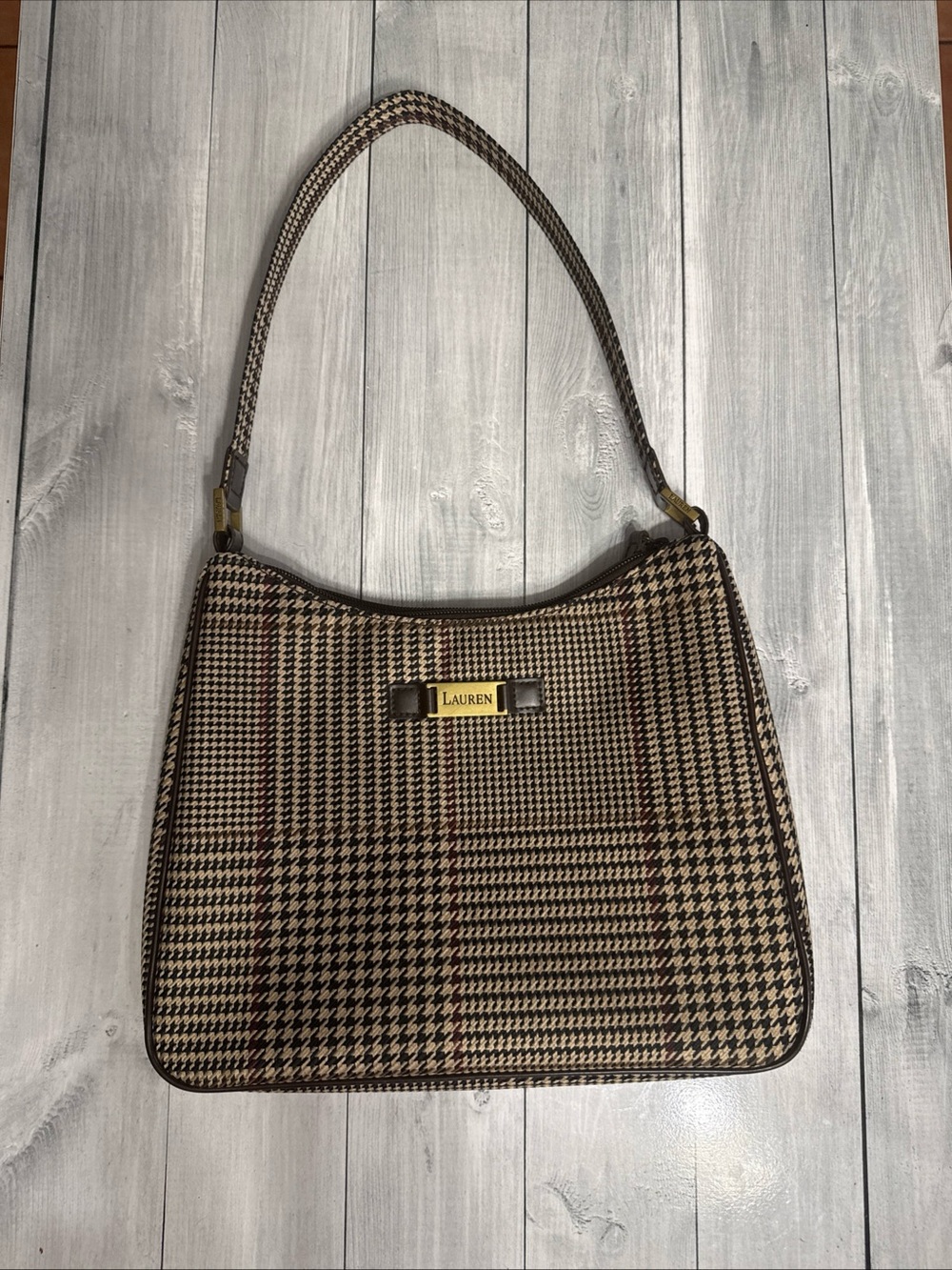 VTG Lauren Ralph Houndstooth Plaid Shoulder Bag Hobo Y2K Preppy